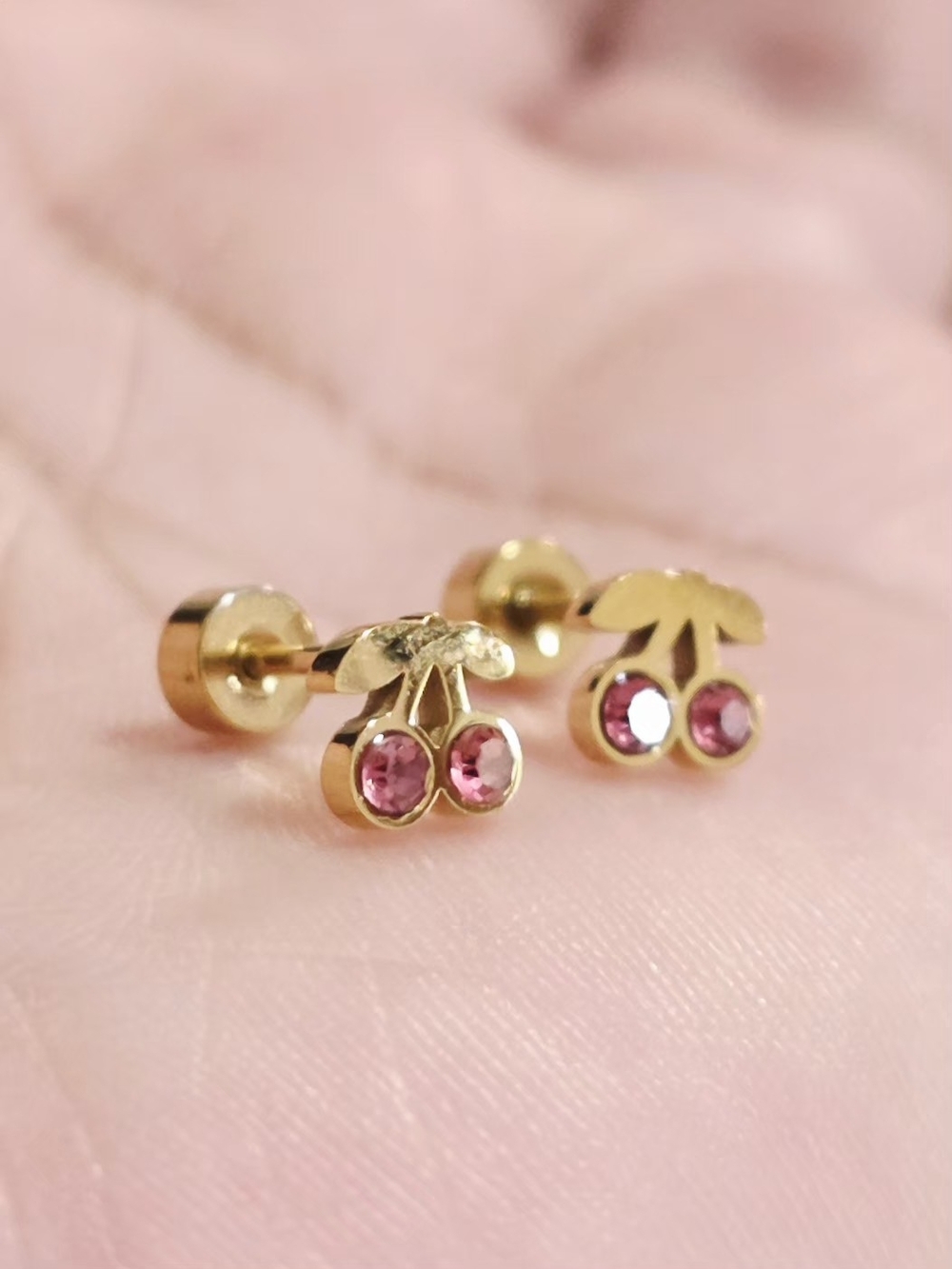 Gold Cherry Stud Earrings with Pink Crystals - Kids Accessories